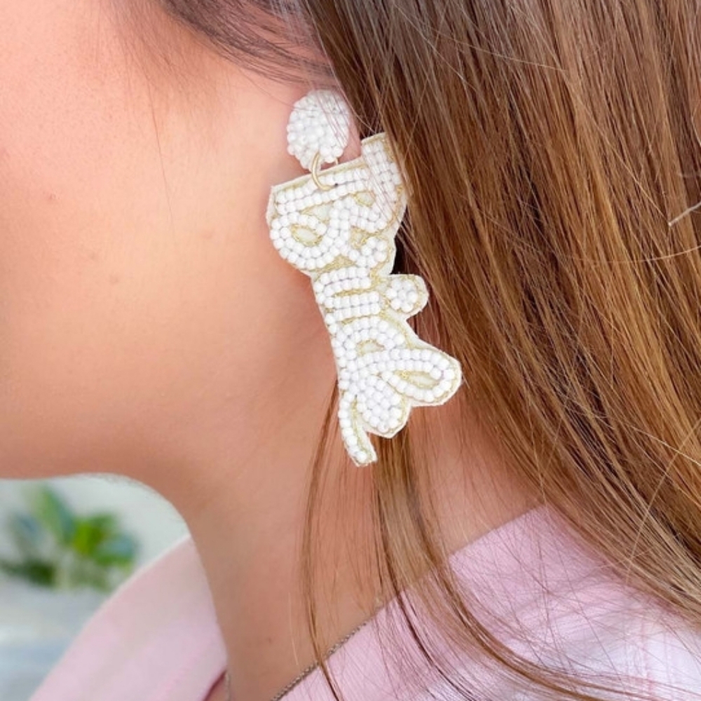 Bride Beaded Statement Earrings | White Gold Bridal Dangle Earrings